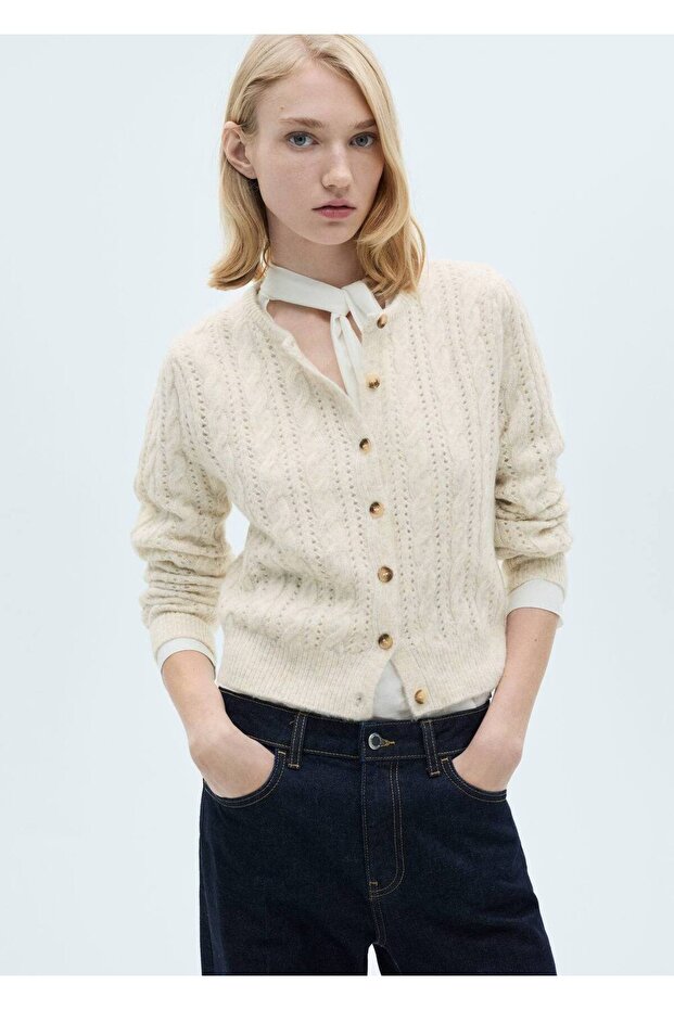 Ajur detaylı örgü desenli hırka - 1