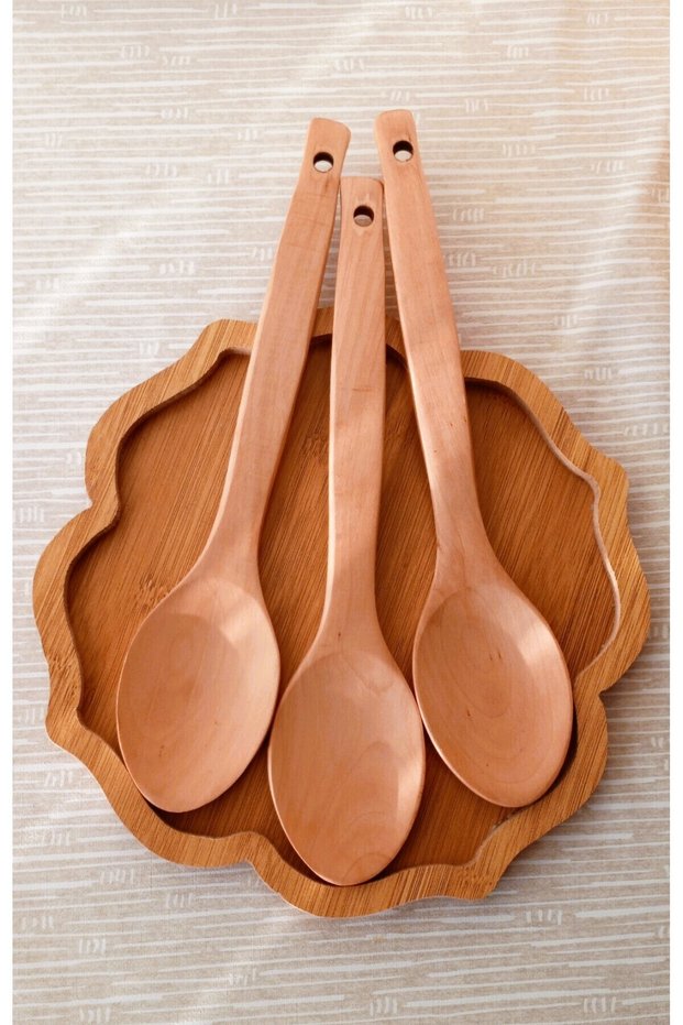 Set of 3 Natural Wooden Serving Spoons – Food Serving Spoon, Heat Resistant, Ergonomic Handle