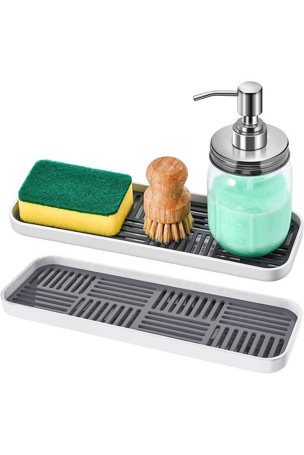 Kitchen Double Layer Sink Sponge Tray,2-Piece Multi-Function Draining Soap Dish and Sponge Holder with Detachable Drain Tray,Grey