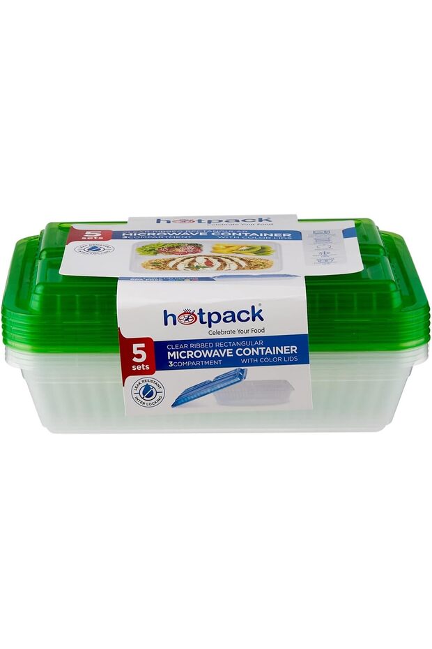 Clear Ribbed Rectangular Microwave Container 3-Compartment with Multicolour Lids, 5 Sets - 6