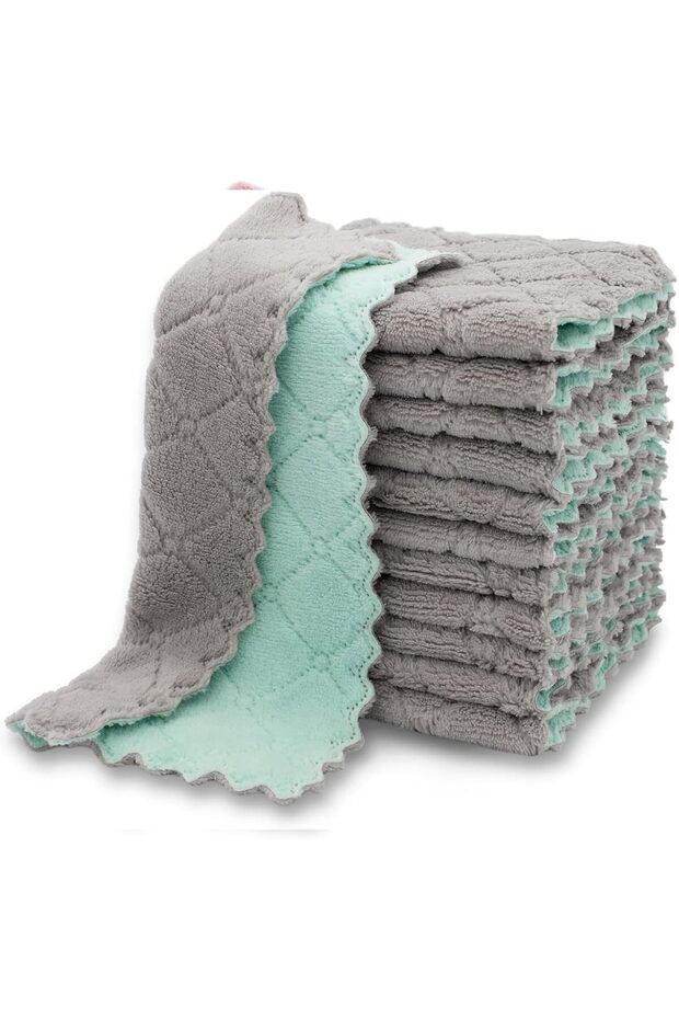 Dish towels microfiber cleaning cloth - 10 pack (green & grey)