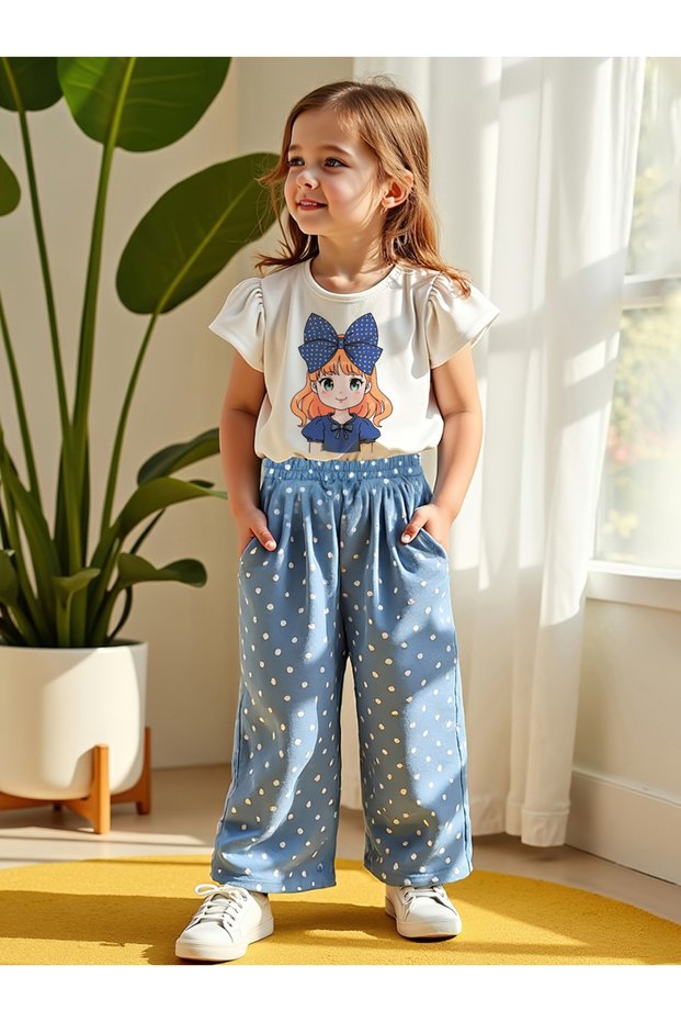 Kids Blue Polka Dot Printed T-Shirt and Wide Leg Pant Pack of 2