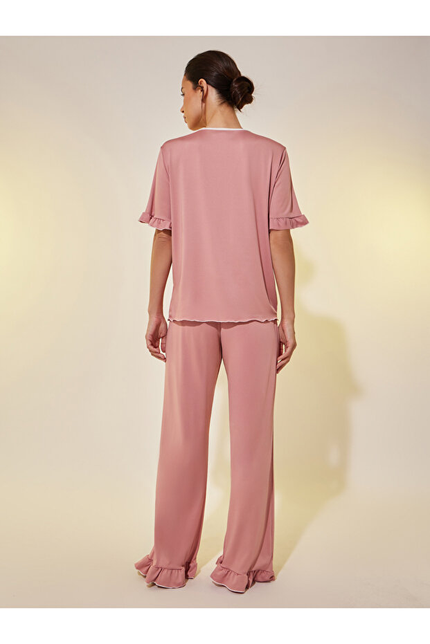 طقم بلوزة سادة مكشكشة بفتحة رقبة على شكل حرف V وبنطال رياضي - 5