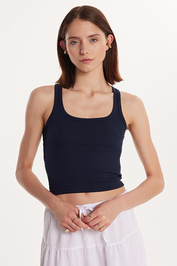 Women's Slim Fit Slim Fit Thin Strap U Neck Navy Blue Body Undershirt