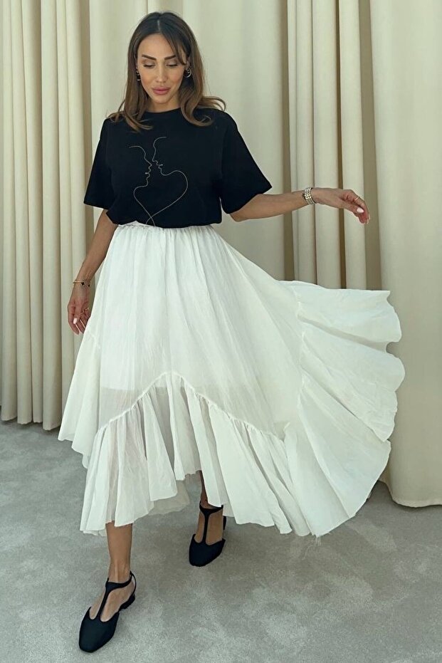 100% Cotton Asymmetric Model Waist Elastic Skirt 29930