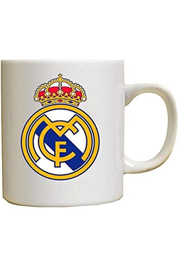 كوب قهوة أو شاي سيراميك بشعار ريال مدريد، ألوان متينة - تصميم مرح