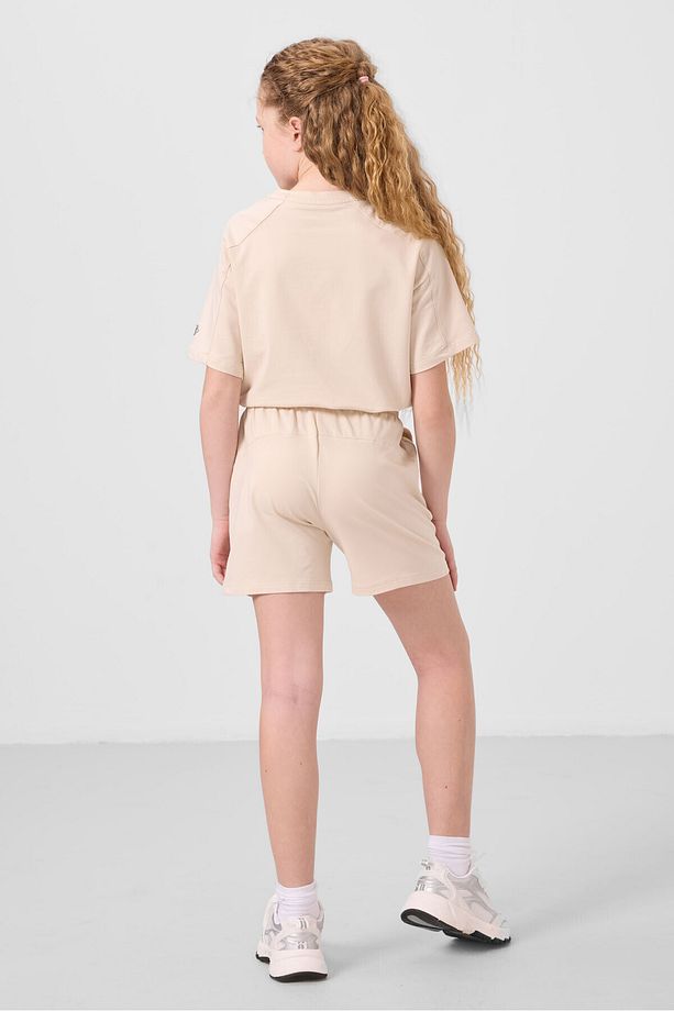 Bej Pamuklu Yumuşak Dokulu Standart Fit Basic Kız Çocuk Şort Takım - 75184 - 8