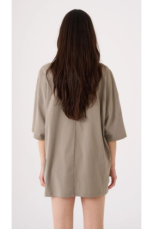 Kadın Basic Pamuklu Süprem Oversize Haki Tişört - 4