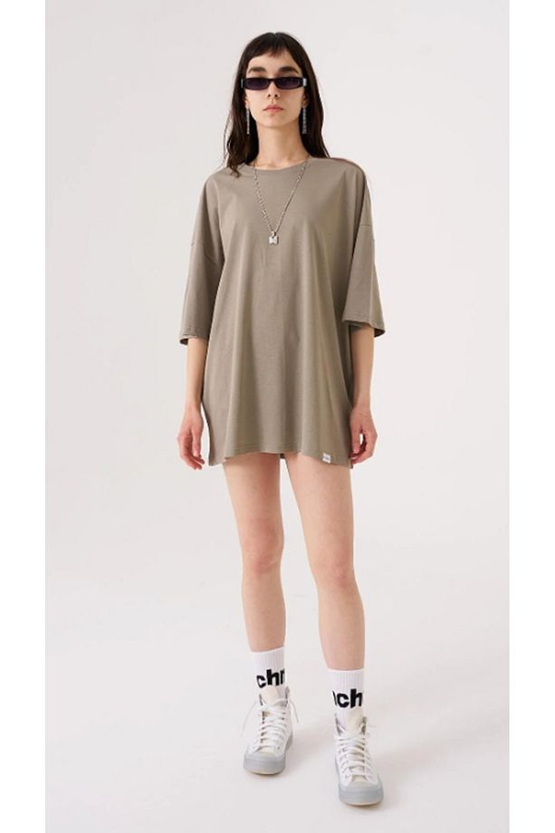 Kadın Basic Pamuklu Süprem Oversize Haki Tişört - 2