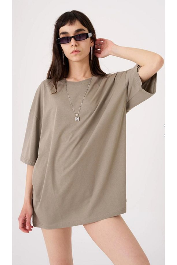 Kadın Basic Pamuklu Süprem Oversize Haki Tişört - 3