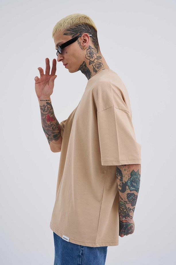 Erkek Basic Super Pamuklu Oversize Bej Tişört - 3