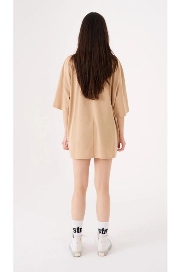 Kadın Basic Pamuklu Süprem Oversize Bej Tişört - 4