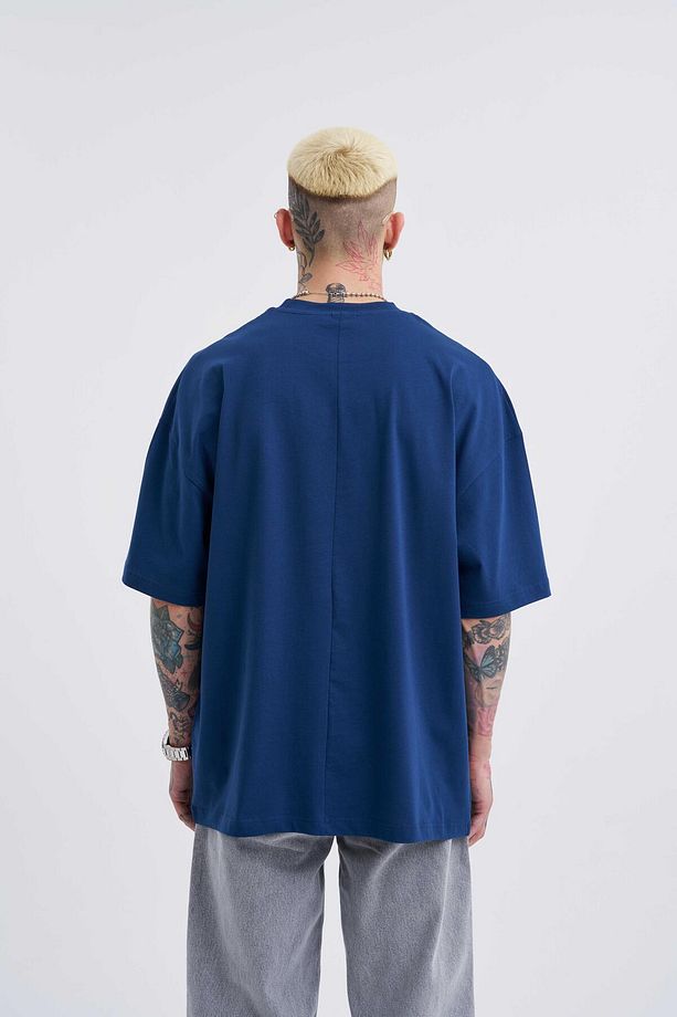 Erkek Basic Super Pamuklu Oversize İndigo Tişört - 5