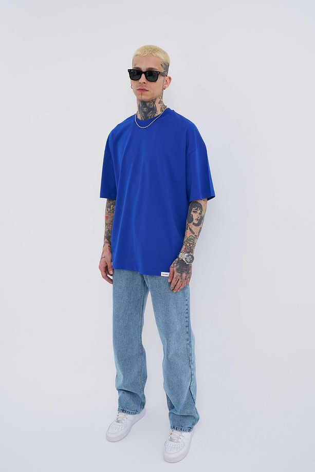 Erkek Basic Super Pamuklu Oversize Saks Tişört - 5
