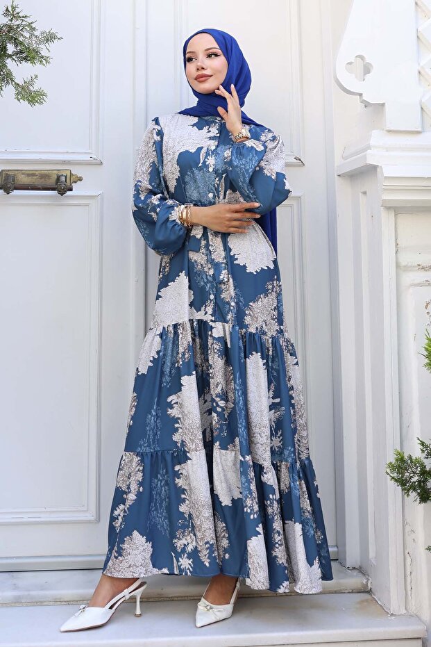 Patterned Hijab Dress Indigo 508