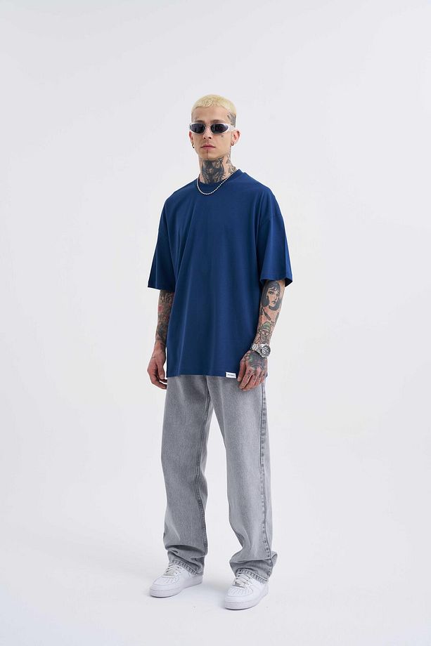 Erkek Basic Super Pamuklu Oversize İndigo Tişört - 4