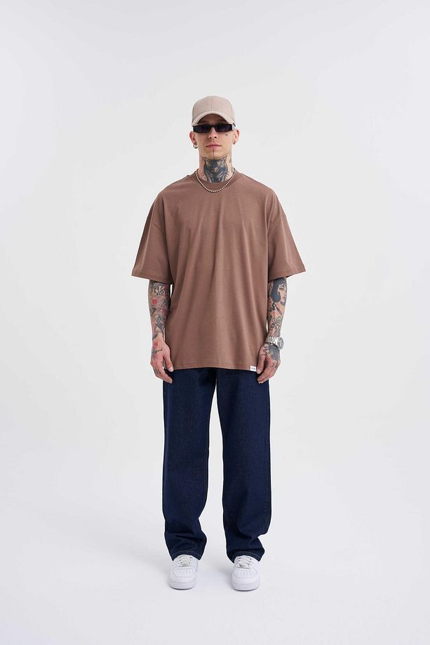 Erkek Basic Super Pamuklu Oversize Kakao Tişört - 5