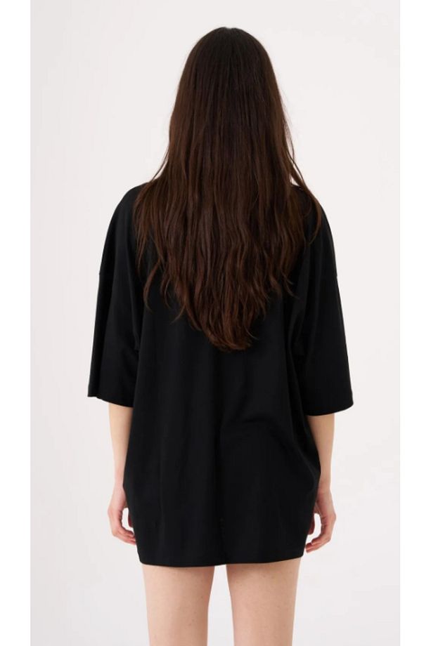 Kadın Basic Pamuklu Süprem Oversize Siyah Tişört - 4