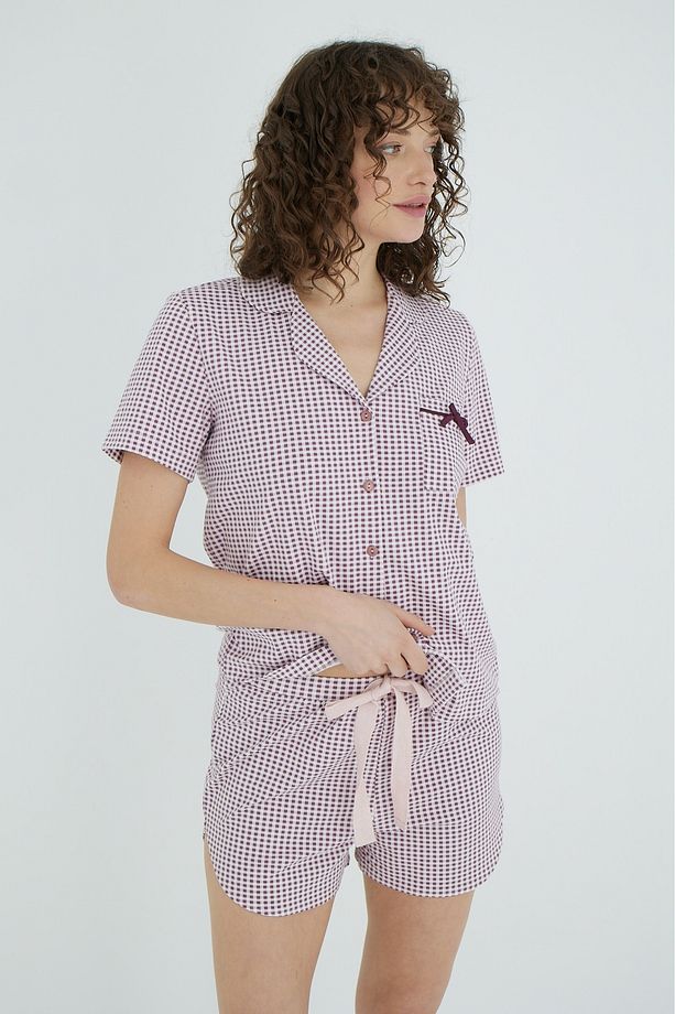 Pötikareli Cep Fiyonk Detaylı Gömlek Şort Pijama Takımı - 5