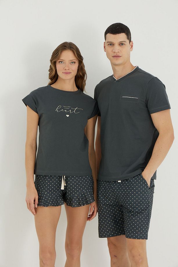 V Yaka Cep Biye Detaylı Erkek Couple Şort Pijama Takımı - 3