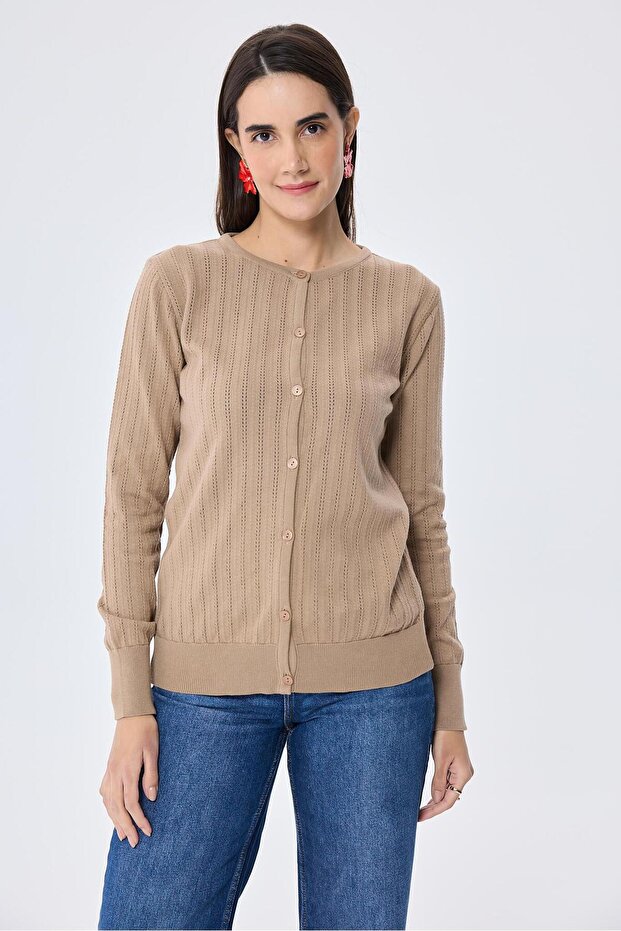 Celine, Ajur Örgülü Kadın Triko Hırka - KAMEL - 2