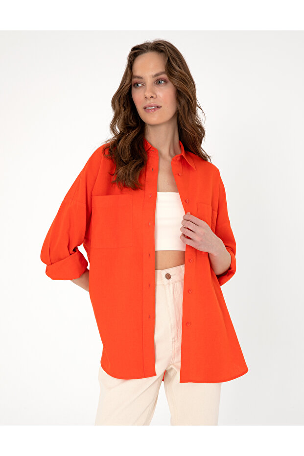 Pomegranate Flower Oversize Linen Blended Long Sleeve Shirt 50313128-Vr039