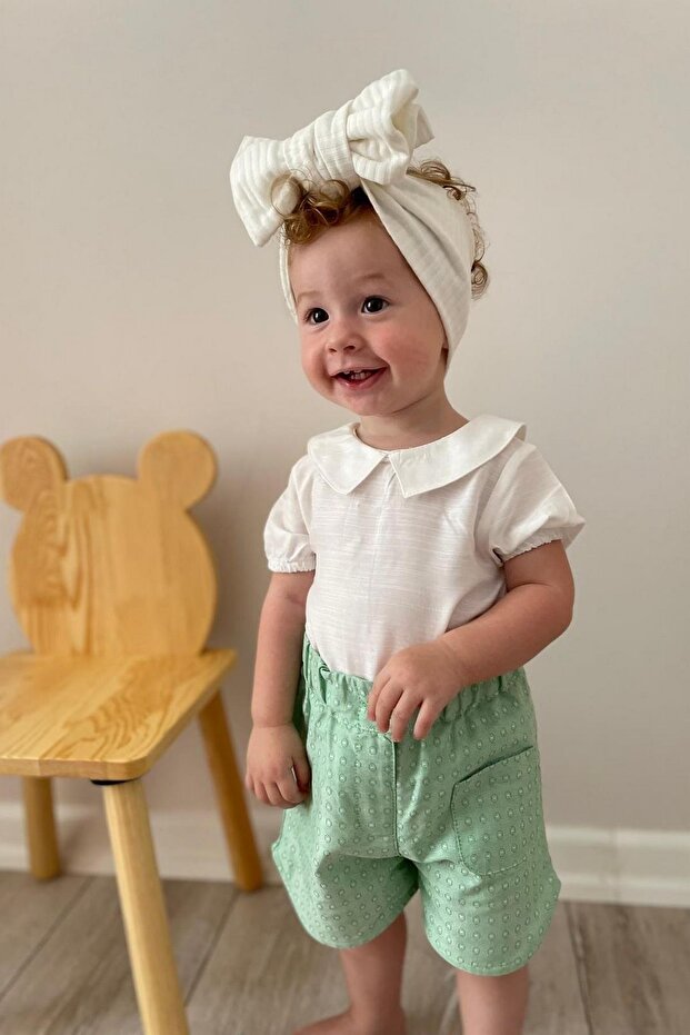 Mini Collar Detailed Linen Shirt and Shorts Set Mint