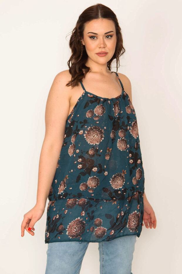 Women's Large Size Petrol Patterned Chiffon Fabric Strap Layered Tunic 65n32270 - 1