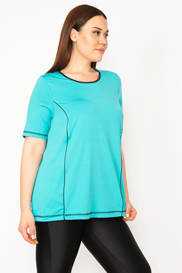 Women's Plus Size Turquoise Collar Bias Sports Blouse 65n32945