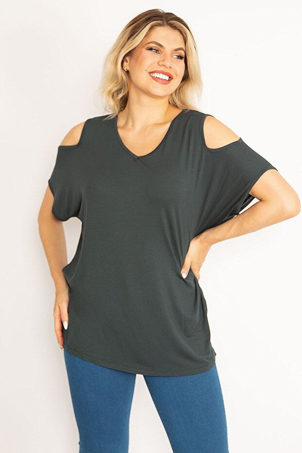 Women's Large Size Green Shoulderless Blouse 65n34630