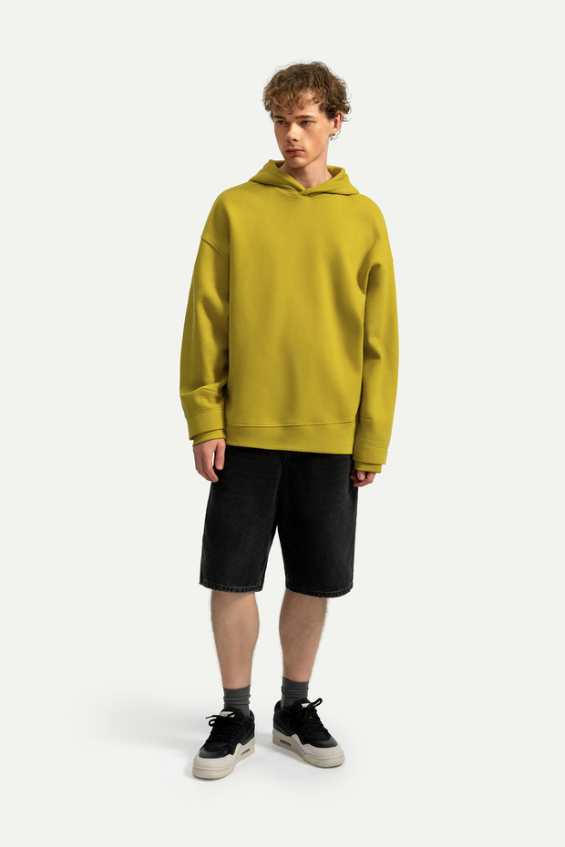 Erkek Basic Relax / Oversize Hoodie Sweatshirt - Houd - Moss - 5