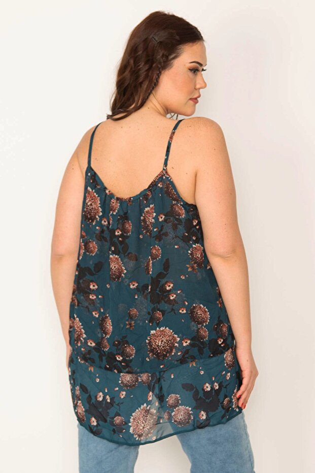 Women's Large Size Petrol Patterned Chiffon Fabric Strap Layered Tunic 65n32270 - 3