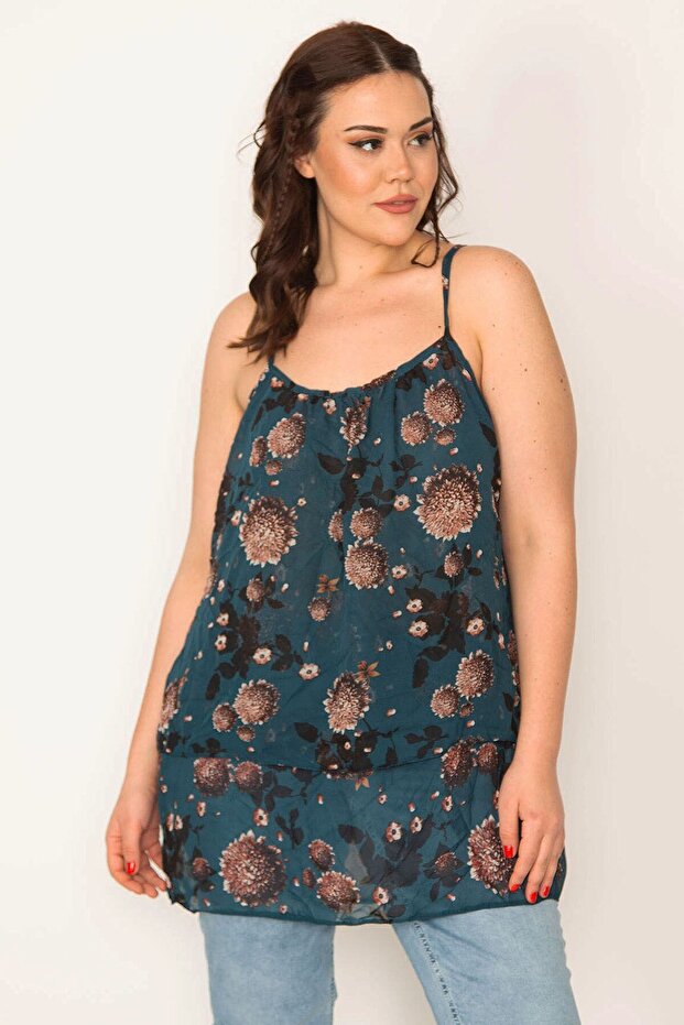 Women's Large Size Petrol Patterned Chiffon Fabric Strap Layered Tunic 65n32270 - 5