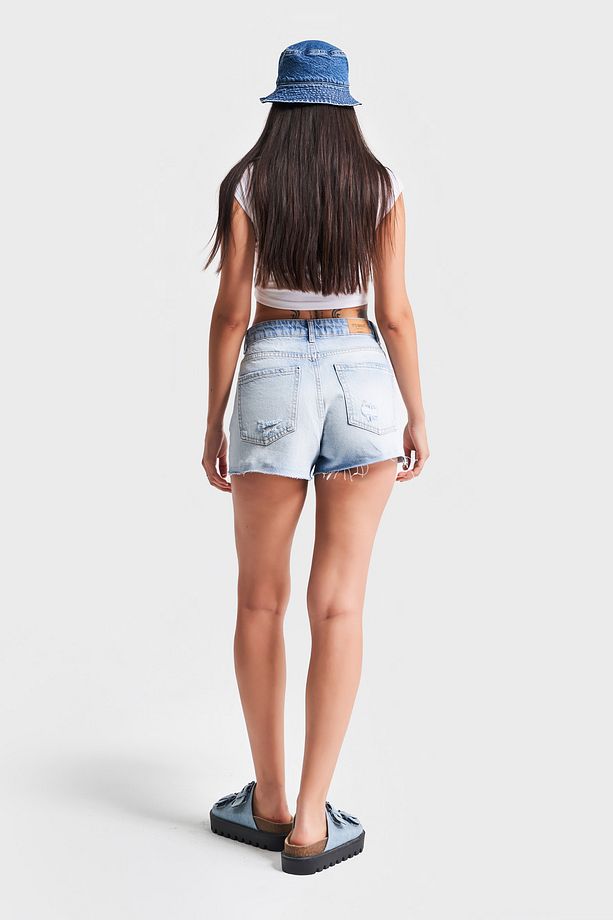 Kadın Snow Kot Rengi 10s5-3 Mini Boy Yırtık Detaylı Püsküllü Paça %100 Koton Denim Şort - 5