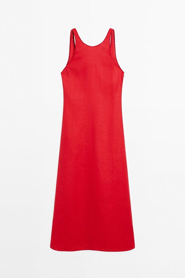 %100 keten bisiklet yaka midi elbise - 5