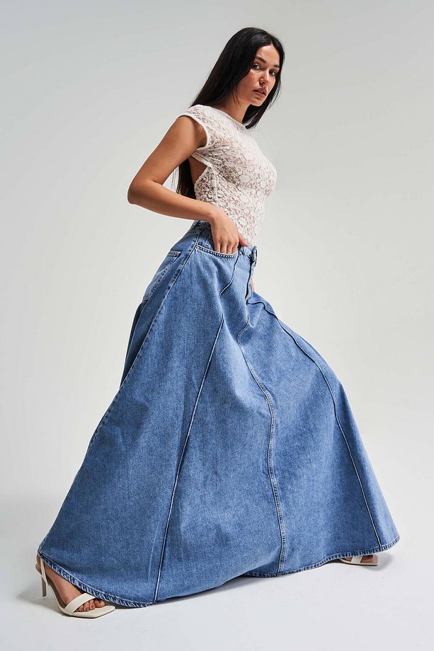 Kadın Mavi Renk 1s5-4 Maxi Boy 103cm A Tipi Çan Kesim %100 koton Süper Uzun Denim Etek - 5