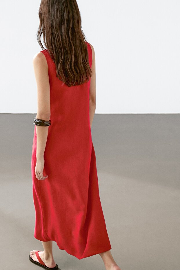 %100 keten bisiklet yaka midi elbise - 4