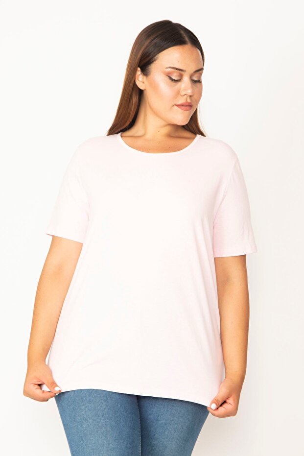 Women's Large Size Pink Cotton Fabric Crew Neck Short Sleeve Blouse 65n29545