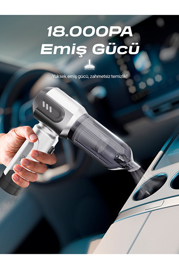 AHV-14 2'si 1 Arada Kablosuz Araç İçi Süpürge Gümüş | 18000PA Güçlü Vakum + Üfleme | Cam Kırıcı - 3