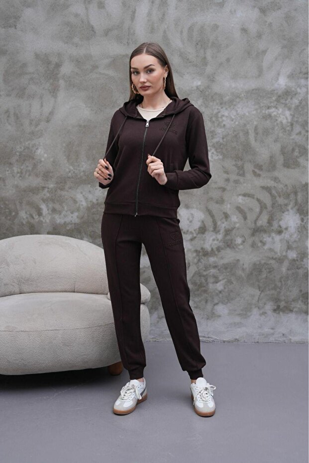Brown Striped Sports Tracksuit Set