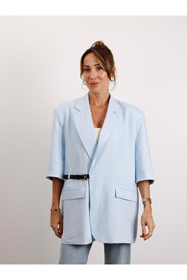 Women's Double Breasted Collar Belted Blue Linen Jacket