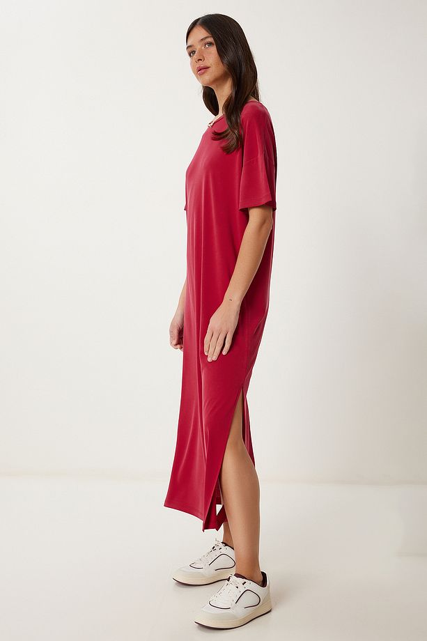 Oversize Basic Yazlık Örme Elbise BORDO LUB0082 - 3