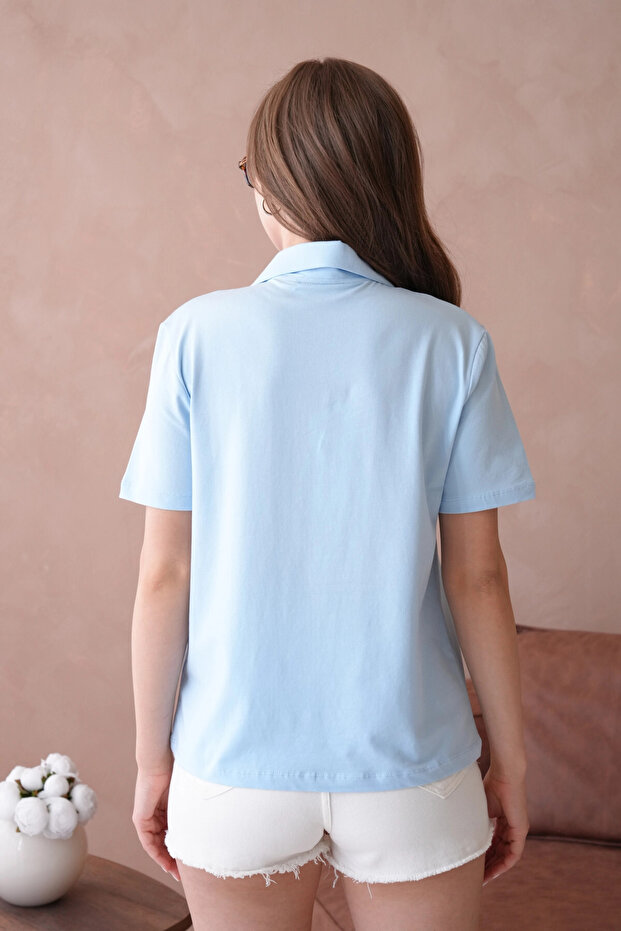 Polo Neck Short Sleeve Button Basic T-Shirt - 7
