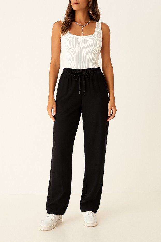 Women's Black Trousers – High Waist, Lace-Up, Loose Comfortable Fit, Casual and Stylish Use