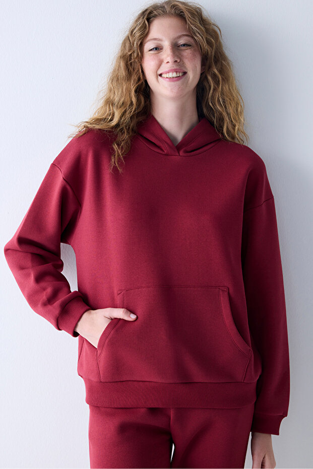 Bordo Kapüşonlu Oversize Şardonlu Sweatshirt - 1