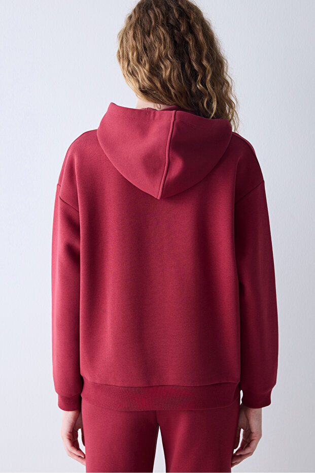 Bordo Kapüşonlu Oversize Şardonlu Sweatshirt - 6