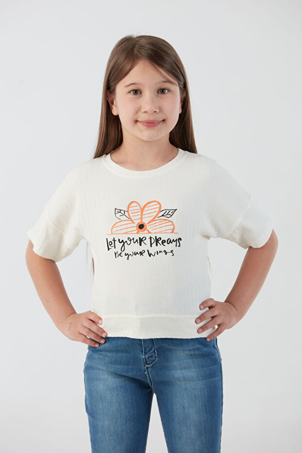 Ribbed Text Printed Lycra Girl's T-Shirt