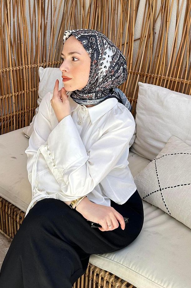 Retro Desen Soft Eşarp Siyah Kahverengi - 3