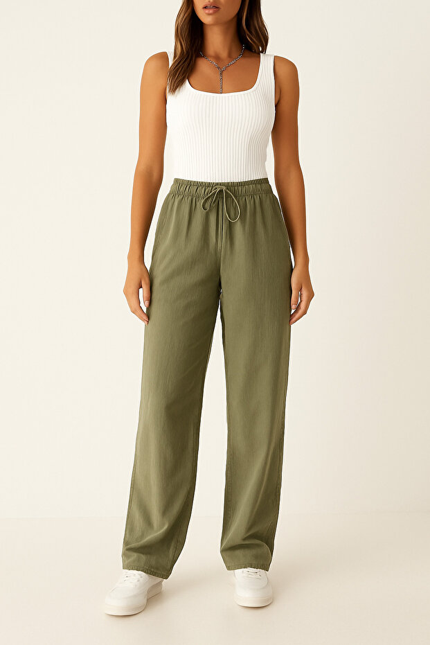 Women's Light Khaki Linen Pants – High Waist, Lace-Up, Comfortable Loose Fit, Casual Stylish Choice