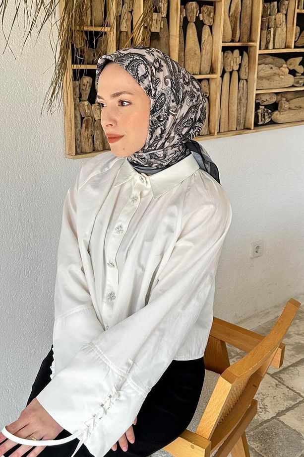 Retro Desen Soft Eşarp Siyah Vizon - 3